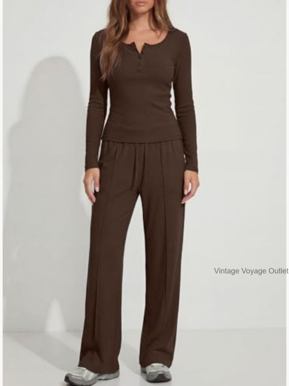 2 Piece Lounge Set Long Sleeve Henley Wide Leg Pants Travel Outfit - Picture 4 of 7